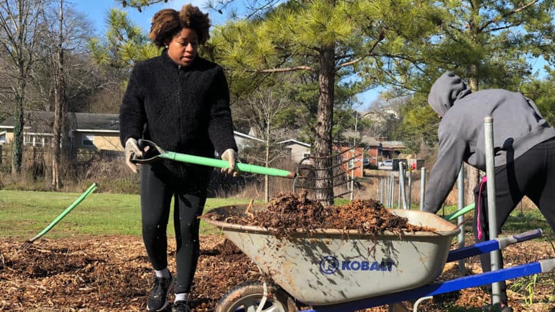 volunteer shoveling dirt into a wheelbarrow for a day of service